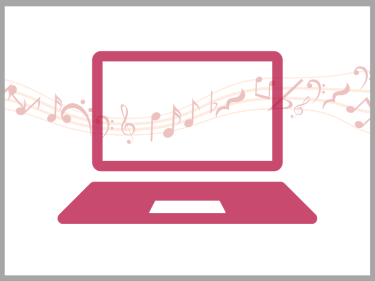 a graphic of a pink laptop with a stream of music notes running through it