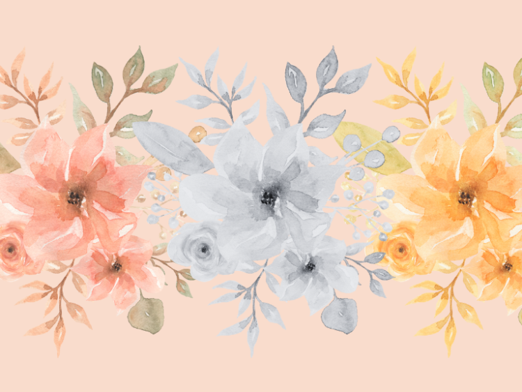 three identical collections of flowers side by side in pink, grey and orange