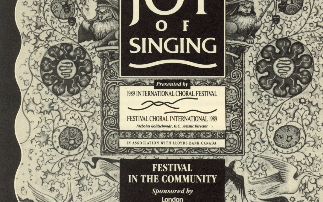 The programme cover for the Joy of Singing International Choral Festival concert featuring a whimsical medieval-inspired illustration of birds, trees and other fantastical creatures in black and white.