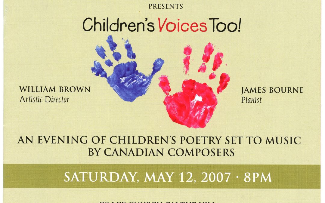 Concert programme cover for Children's Voices Too featuring a group photo of the choir and two handprints of children's hands, one in blue and one in red.