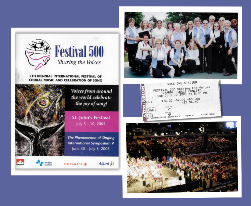 Collage images of concert programme cover, a casual group photo of the choir outside, a wide shot of an arena full of people with singers on stage