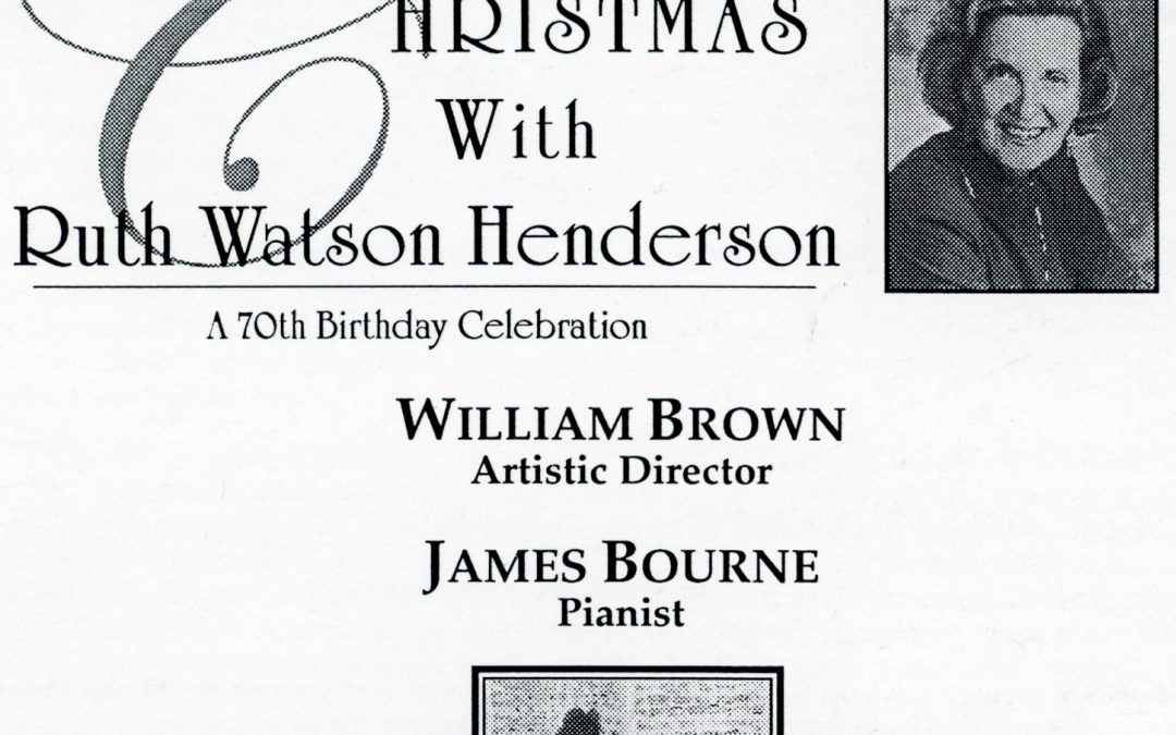 A concert programme cover for The Oriana Singers Christmas with Ruth Watson Henderson, a 70th birthday celebration event with a photo of Ruth.