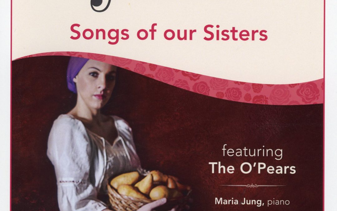 A concert programme cover in various shades of pink featuring an oil-painting like image of a woman in peasant-like clothes holding a large wicker basket full of pears, the fruit.
