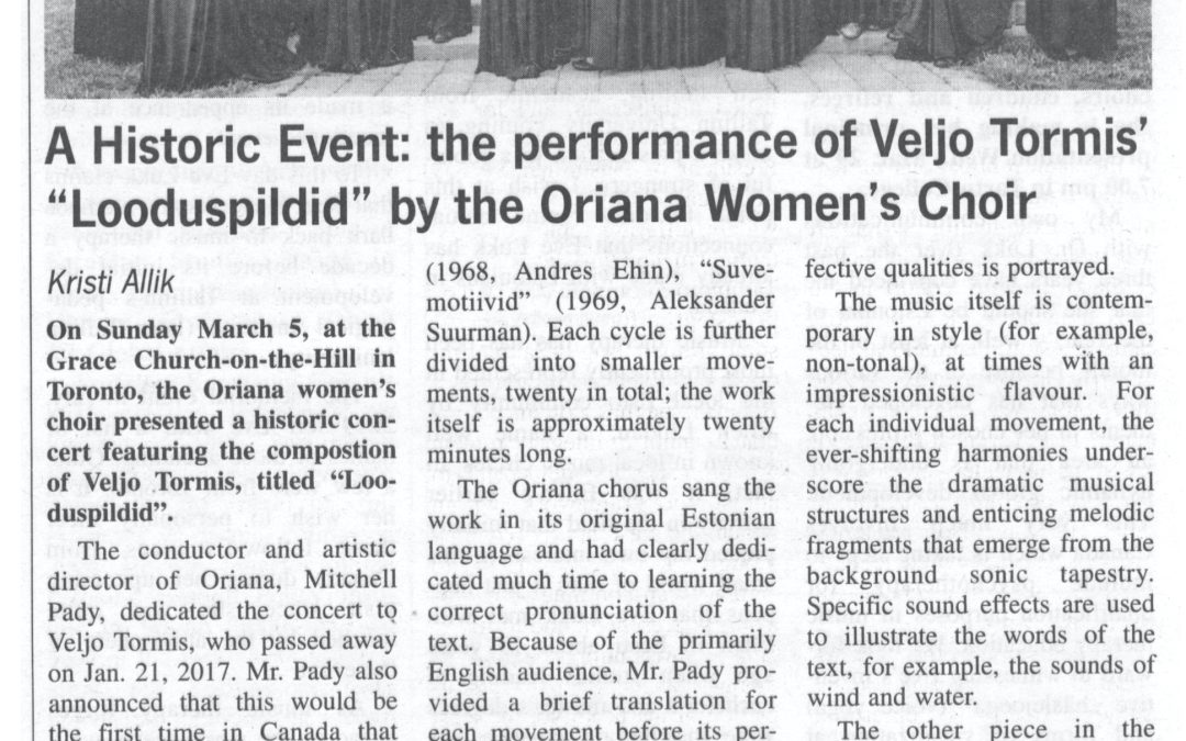 A scan of a black and white newspaper article reviewing the choir's concert with a group photo of the choir.